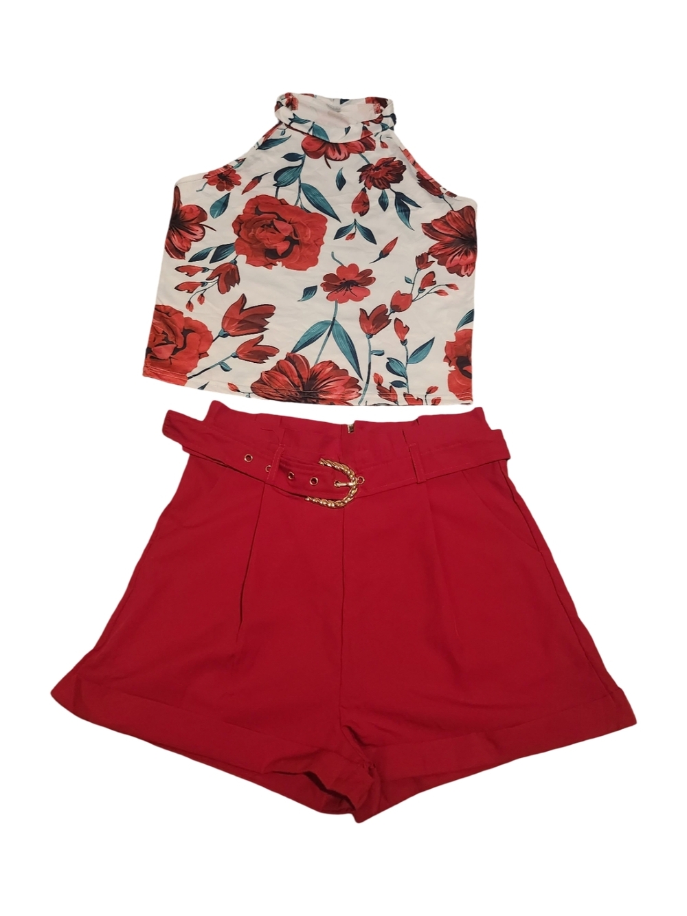 High-Waist Red Belted Women's Shorts
